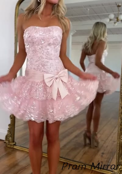 Cute Strapless Pink Lace Layered A Line Graduation Homecoming Dress Short Birthday Outfits