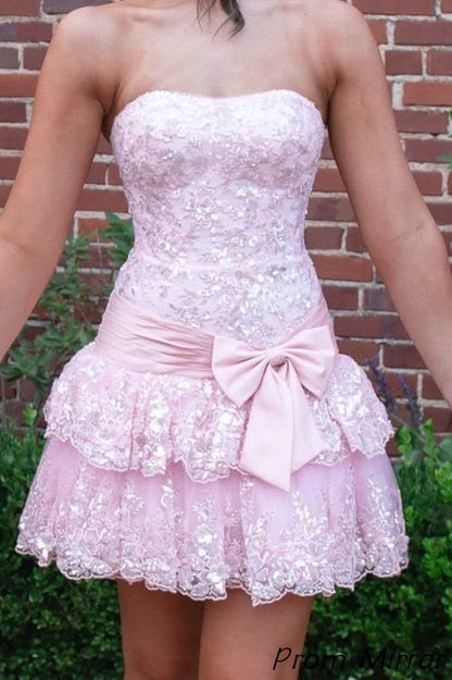 Cute Strapless Pink Lace Layered A Line Graduation Homecoming Dress Short Birthday Outfits