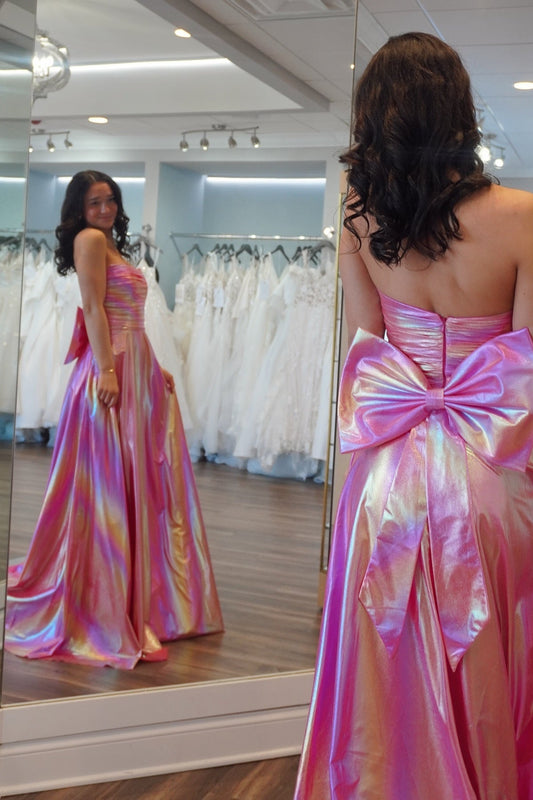 Strapless Metallic Ruched Prom Dress with Bow
