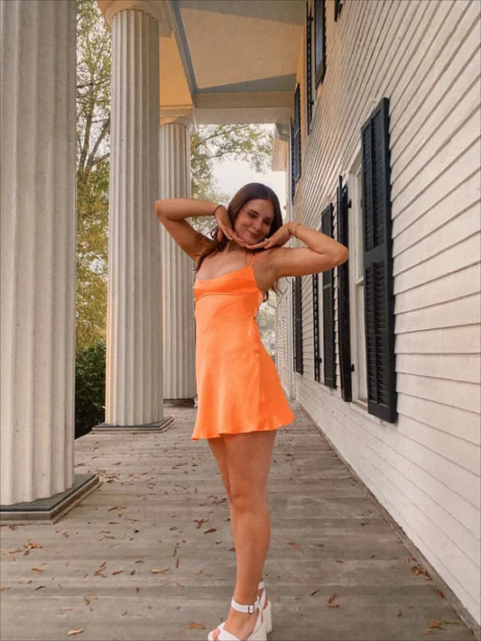 Modest A line Spaghetti Straps Orange Satin Short Formal 8th Grade Homecoming Dresses Middle School Semi Mini Formal Hoco Dress Backless Cocktail Outfits