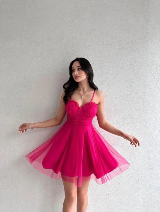 Simple A Line Spaghetti Straps Hot Pink Tulle Short Formal Homecoming Dresses Party Graduation Dress Hoco Dresses