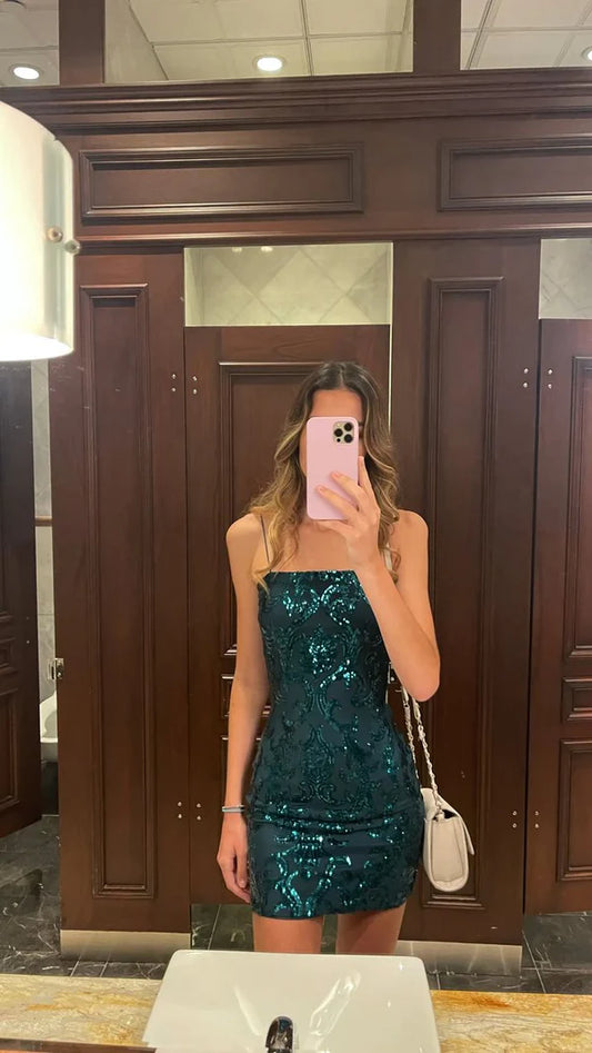 Sexy Sheath Spaghetti Straps Dark Green Sequin Short Formal Homecoming Dresses Party Graduation Dress Hoco Dresses