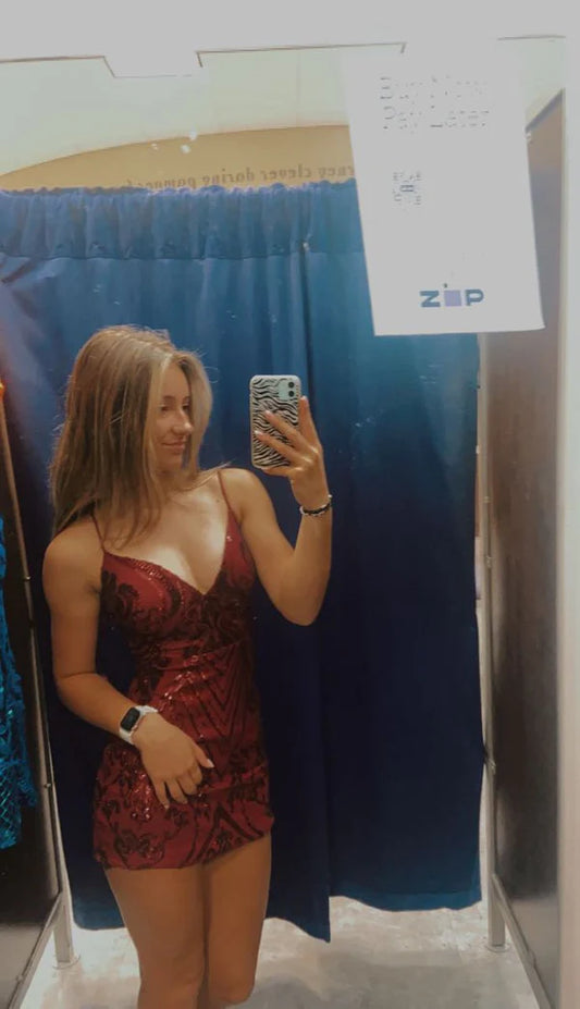 Sparkly Sheath Spaghetti Straps Burgundy Sequin Short Formal Homecoming Dresses Party Graduation Dress Hoco Dresses