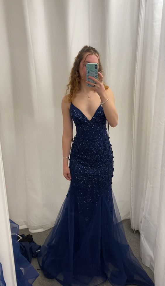 Dark Blue Mermaid Beaded Appliques Long Prom Dresses