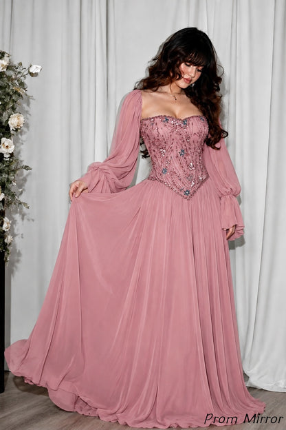 Dusty Rose Beaded Chiffon Prom Dresses, Evening Dress