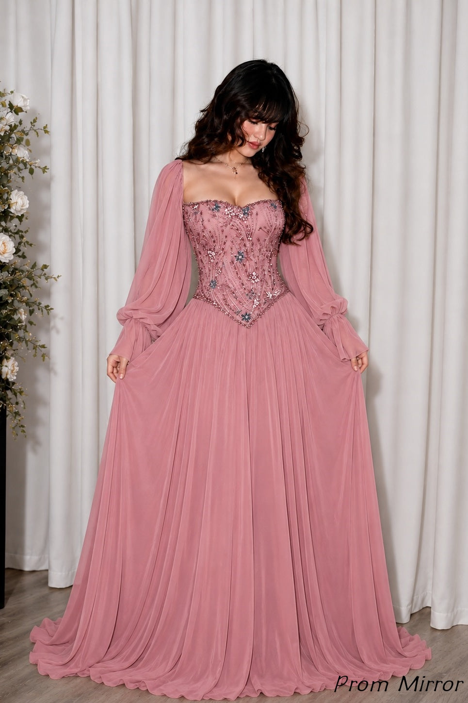 Dusty Rose Beaded Chiffon Prom Dresses, Evening Dress