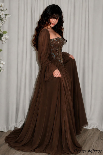 Dusty Rose Beaded Chiffon Prom Dresses, Evening Dress