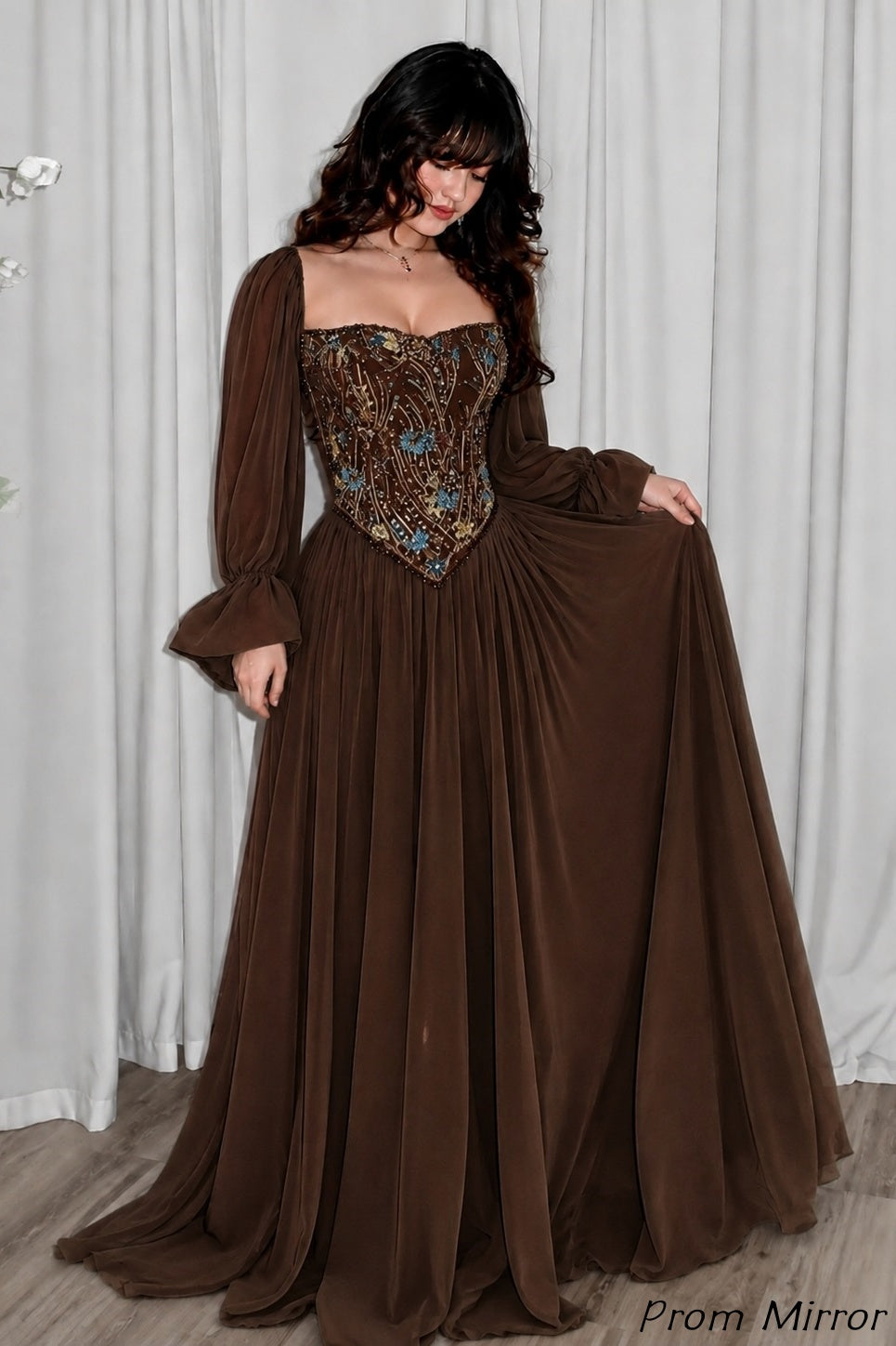 Dusty Rose Beaded Chiffon Prom Dresses, Evening Dress