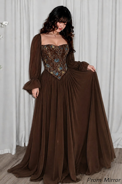 Dusty Rose Beaded Chiffon Prom Dresses, Evening Dress