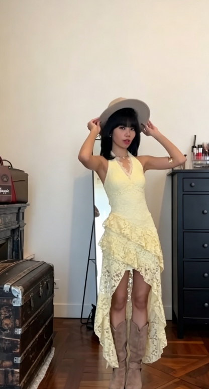 Fashion Butter Yellow Summer Dress Halter Neck A-Line Lace Vacation Dress Short Party Dress Simple Evening Dress