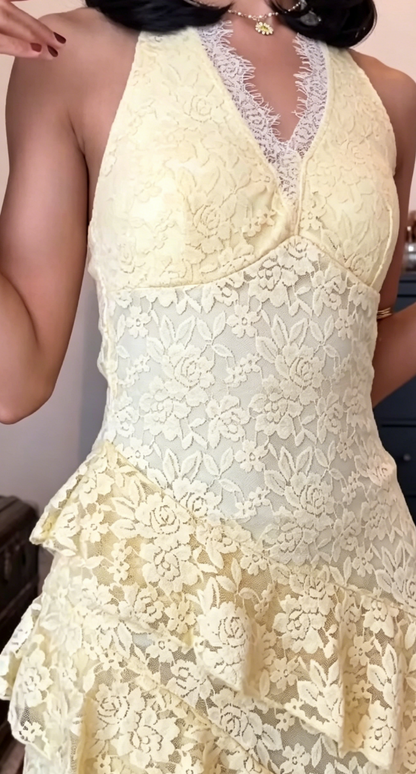 Fashion Butter Yellow Summer Dress Halter Neck A-Line Lace Vacation Dress Short Party Dress Simple Evening Dress