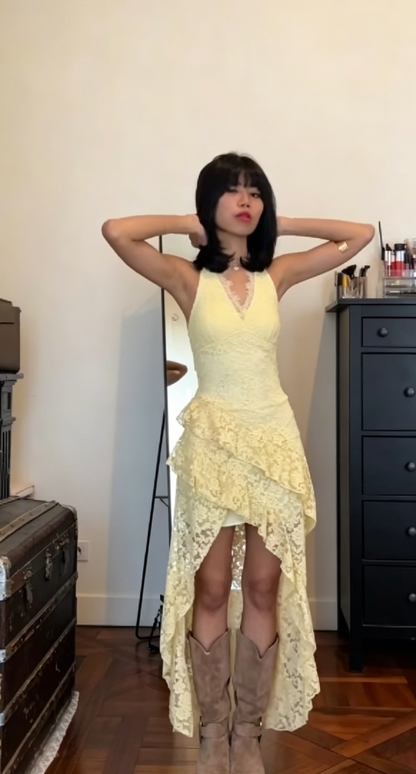Fashion Butter Yellow Summer Dress Halter Neck A-Line Lace Vacation Dress Short Party Dress Simple Evening Dress