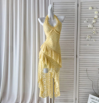 Fashion Butter Yellow Summer Dress Halter Neck A-Line Lace Vacation Dress Short Party Dress Simple Evening Dress