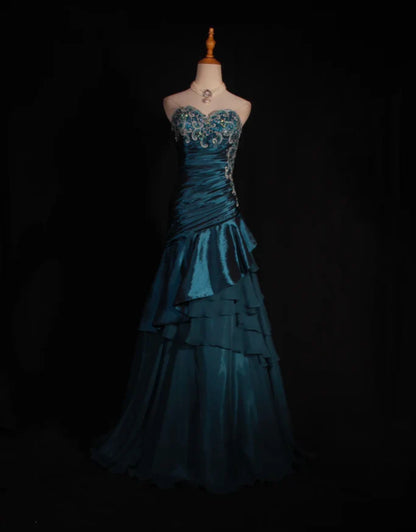 Retro Teal A-Line Long Prom Dresses Satin Beaded Strapless Evening Gowns