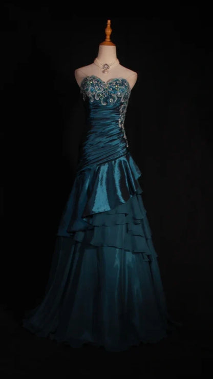 Retro Teal A-Line Long Prom Dresses Satin Beaded Strapless Evening Gowns