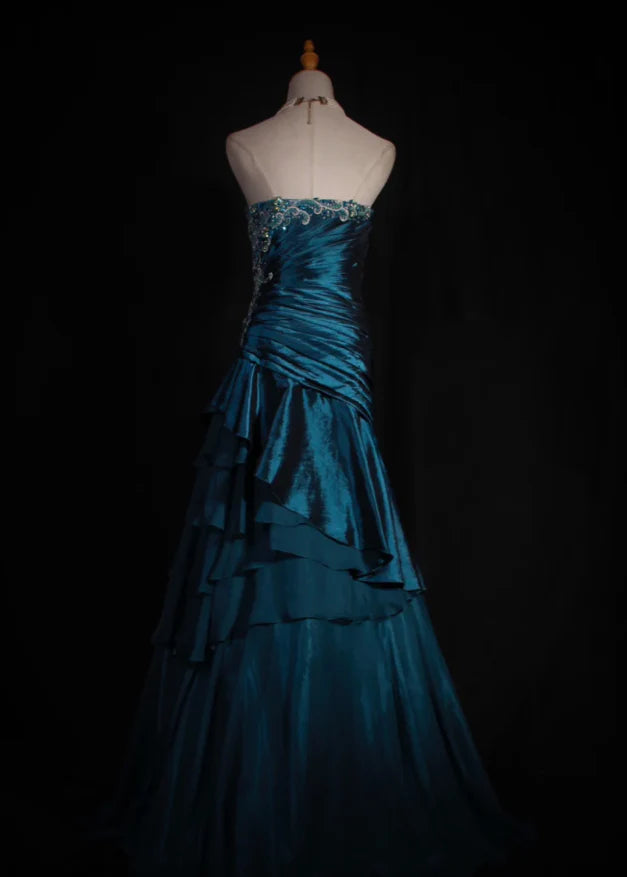 Retro Teal A-Line Long Prom Dresses Satin Beaded Strapless Evening Gowns