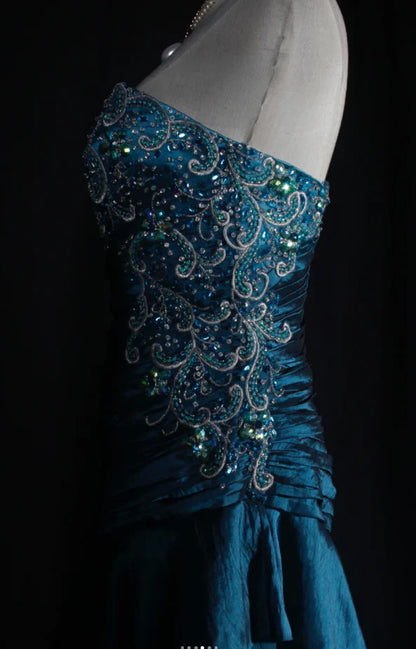 Retro Teal A-Line Long Prom Dresses Satin Beaded Strapless Evening Gowns