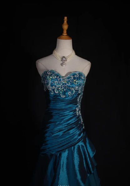 Retro Teal A-Line Long Prom Dresses Satin Beaded Strapless Evening Gowns