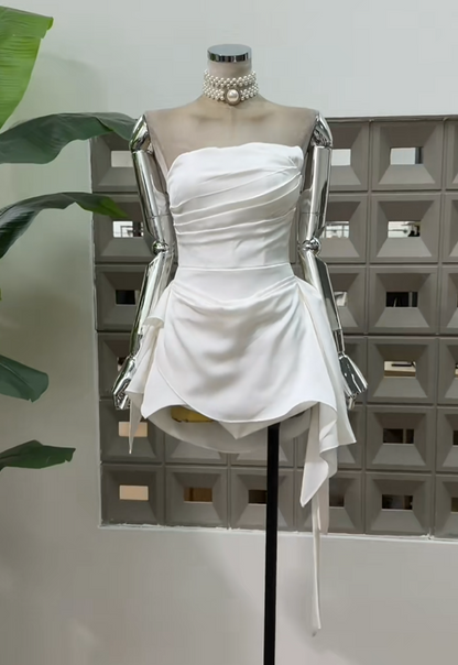 Simple White Homecoming Dress Strapless Short Birthday Outfit Sheath Satin Summer Dress