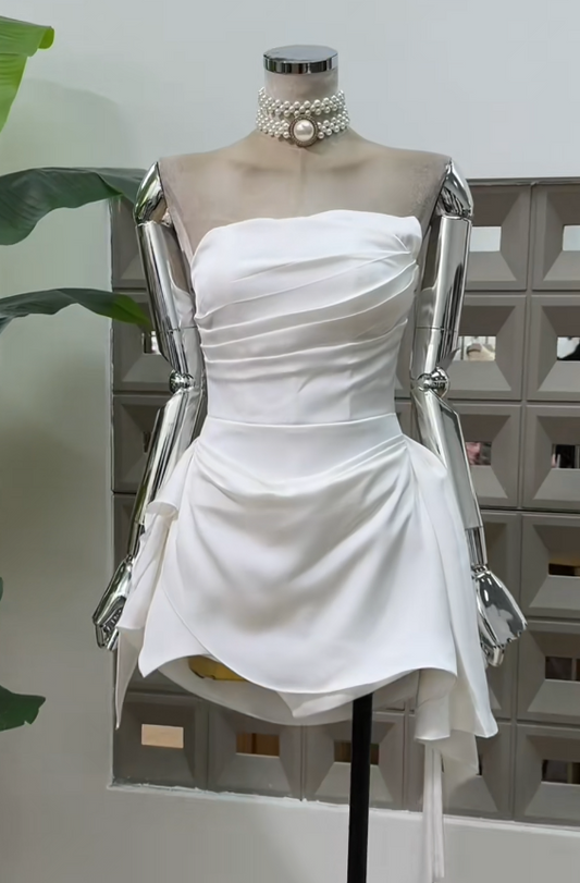 Simple White Homecoming Dress Strapless Short Birthday Outfit Sheath Satin Summer Dress