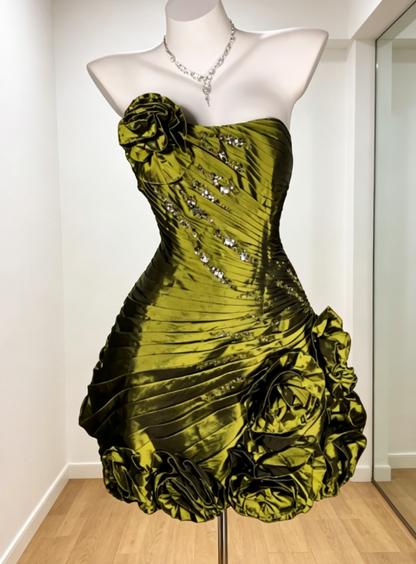 Chic Green Homecoming Dress One-shoulder Satin Birthday Dress Sheath Sleeveless Short Party Dress