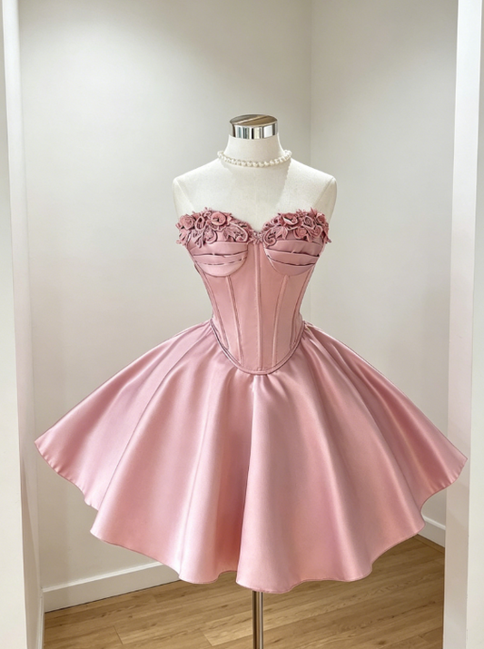 Chic Pink Homecoming Dress Sweetheart Satin Birthday Dress A-Line Graudation Party Dress