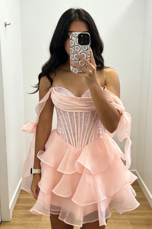 Chic Pink Homecoming Dress Off-shoulder Chiffon Birthday Dress A-Line Graudation Party Dress