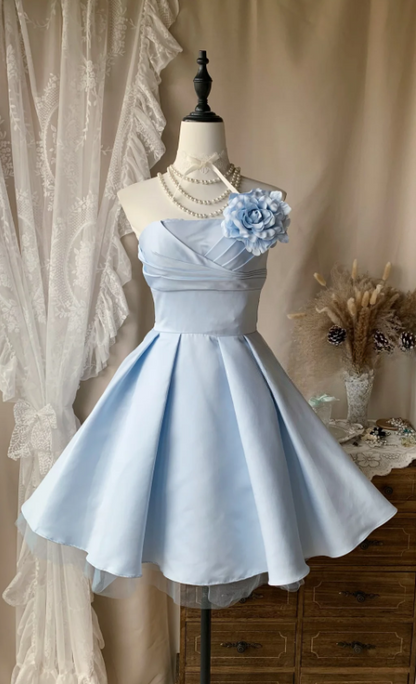 Chic Blue Homecoming Dress Strapless Satin Birthday Dress A-Line Graudation Party Dress