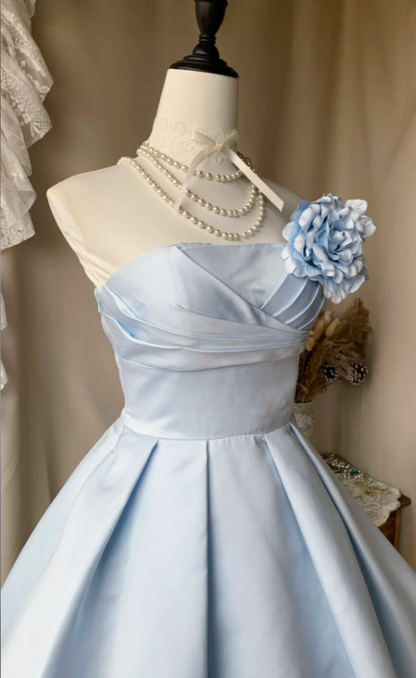 Chic Blue Homecoming Dress Strapless Satin Birthday Dress A-Line Graudation Party Dress