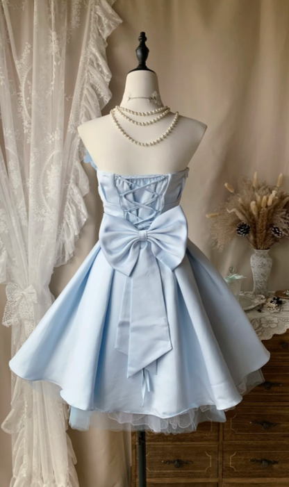 Chic Blue Homecoming Dress Strapless Satin Birthday Dress A-Line Graudation Party Dress