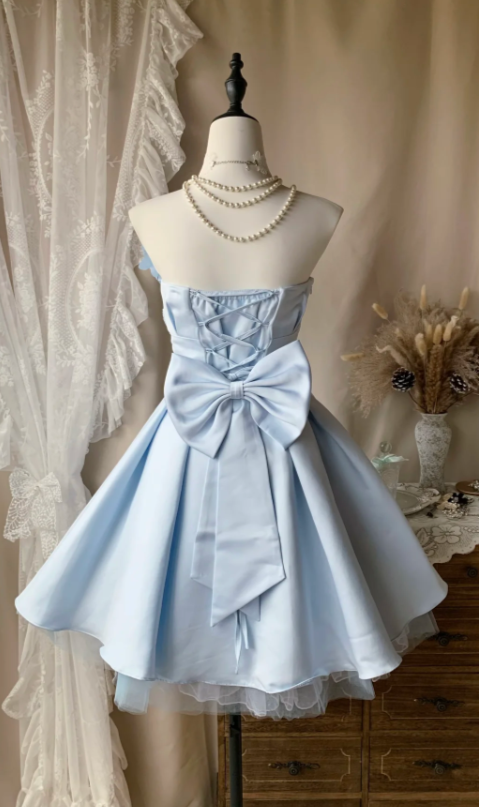 Chic Blue Homecoming Dress Strapless Satin Birthday Dress A-Line Graudation Party Dress