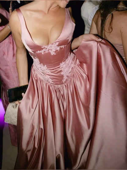 Elegant A Line V Neckline Bridesmaid Dresses Floor-length Satin Long Pink Evening Dress Prom Dresses