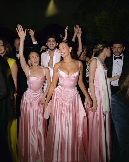Elegant A Line V Neckline Bridesmaid Dresses Floor-length Satin Long Pink Evening Dress Prom Dresses