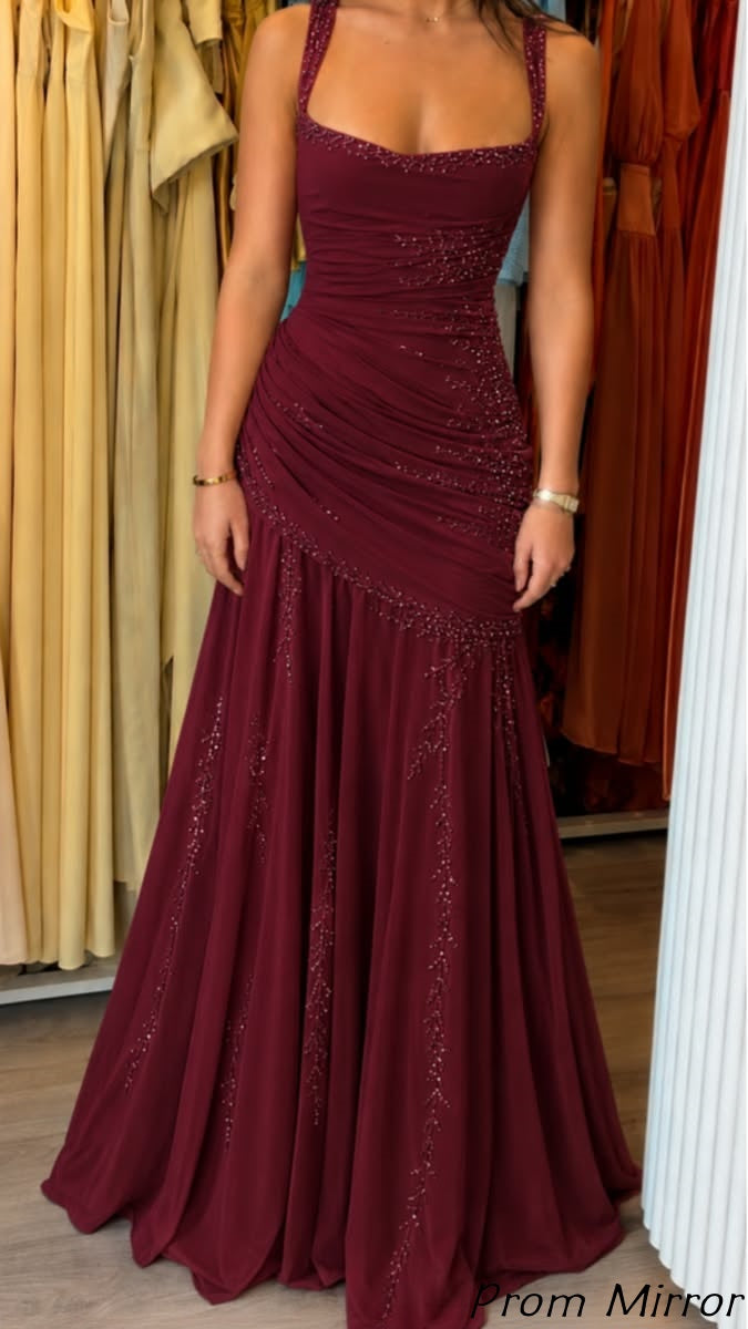 Elegant Burgundy Chiffon Prom Dresses Beaded Mermaid Bridesmaid Dress