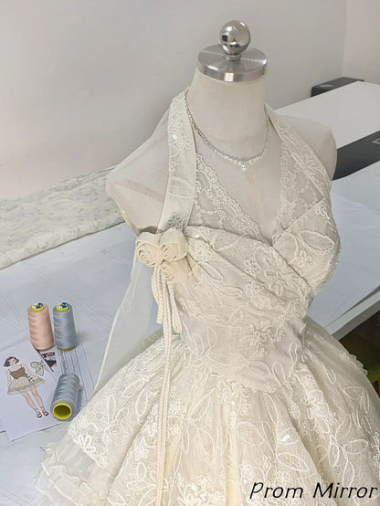 Elegant Halter Ivory Lace Ruffles Homecoming Dress