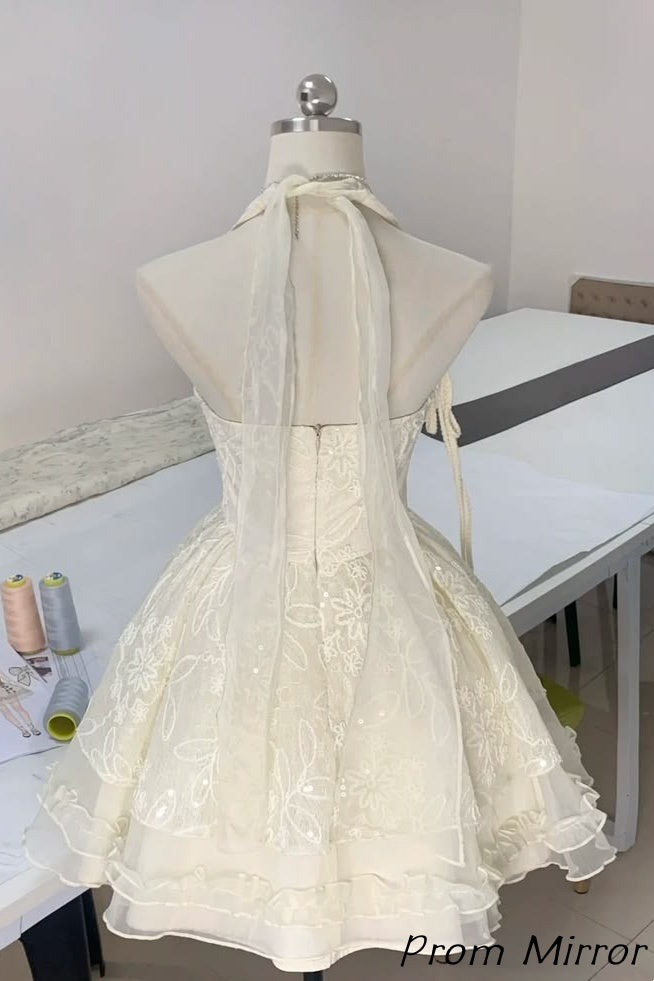 Elegant Halter Ivory Lace Ruffles Homecoming Dress
