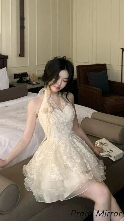 Elegant Halter Ivory Lace Ruffles Homecoming Dress