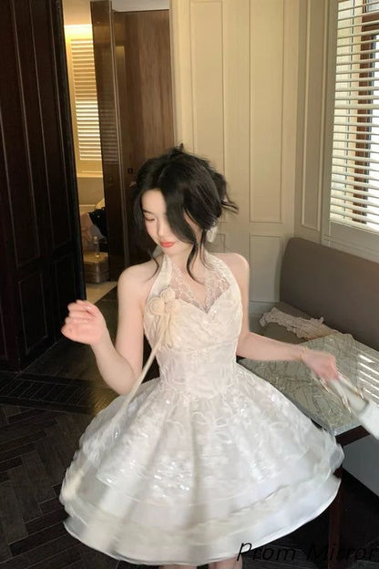 Elegant Halter Ivory Lace Ruffles Homecoming Dress