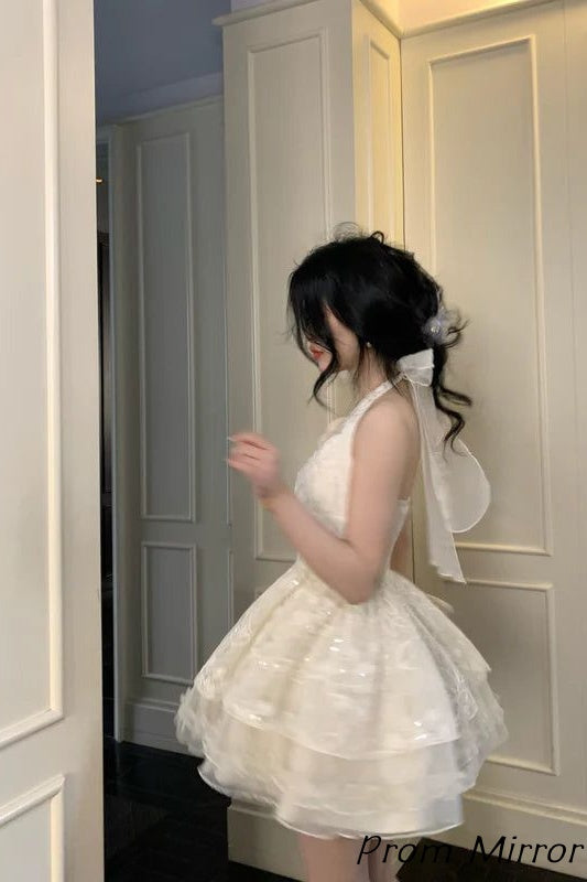 Elegant Halter Ivory Lace Ruffles Homecoming Dress