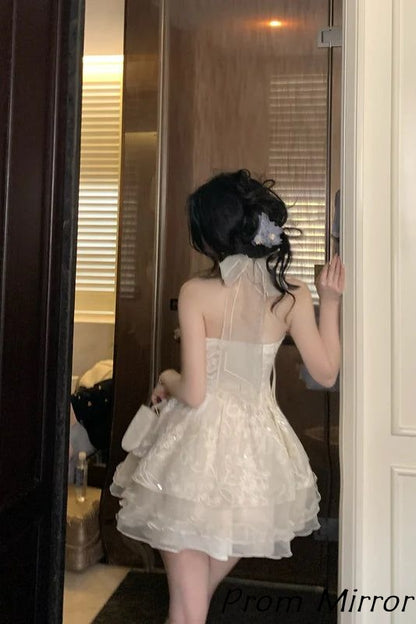 Elegant Halter Ivory Lace Ruffles Homecoming Dress