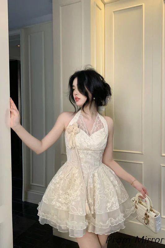 Elegant Halter Ivory Lace Ruffles Homecoming Dress