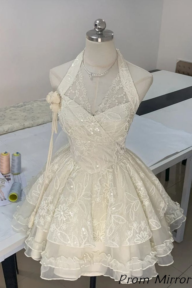 Elegant Halter Ivory Lace Ruffles Homecoming Dress