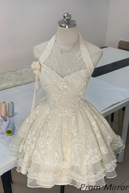 Elegant Halter Ivory Lace Ruffles Homecoming Dress