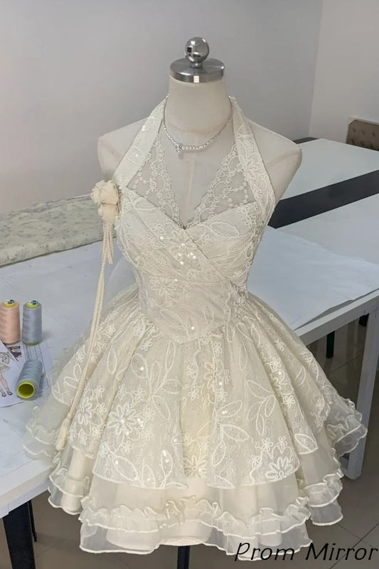 Elegant Halter Ivory Lace Ruffles Homecoming Dress
