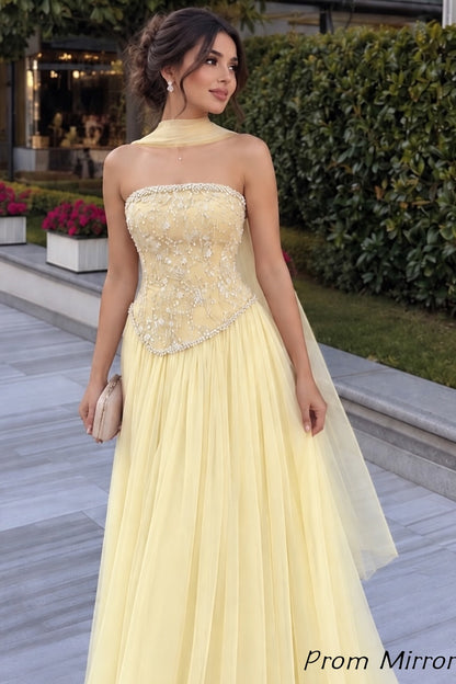 Elegant Light Yellow Strapless Lace Beaded Long Prom Dress, Evening Dresses