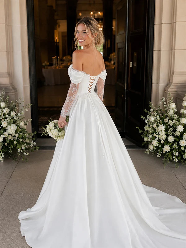 Elegant Off the Shoulder Lace Trim A-line Wedding Gowns with Side Slit