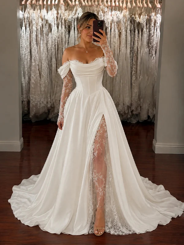 Elegant Off the Shoulder Lace Trim A-line Wedding Gowns with Side Slit
