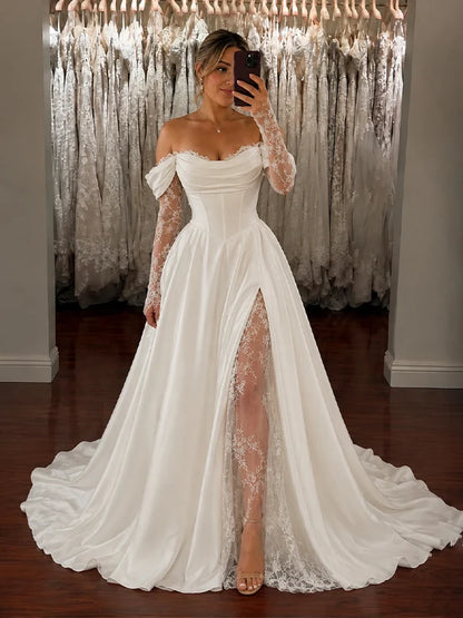 Elegant Off the Shoulder Lace Trim A-line Wedding Gowns with Side Slit
