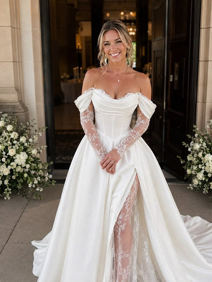 Elegant Off the Shoulder Lace Trim A-line Wedding Gowns with Side Slit