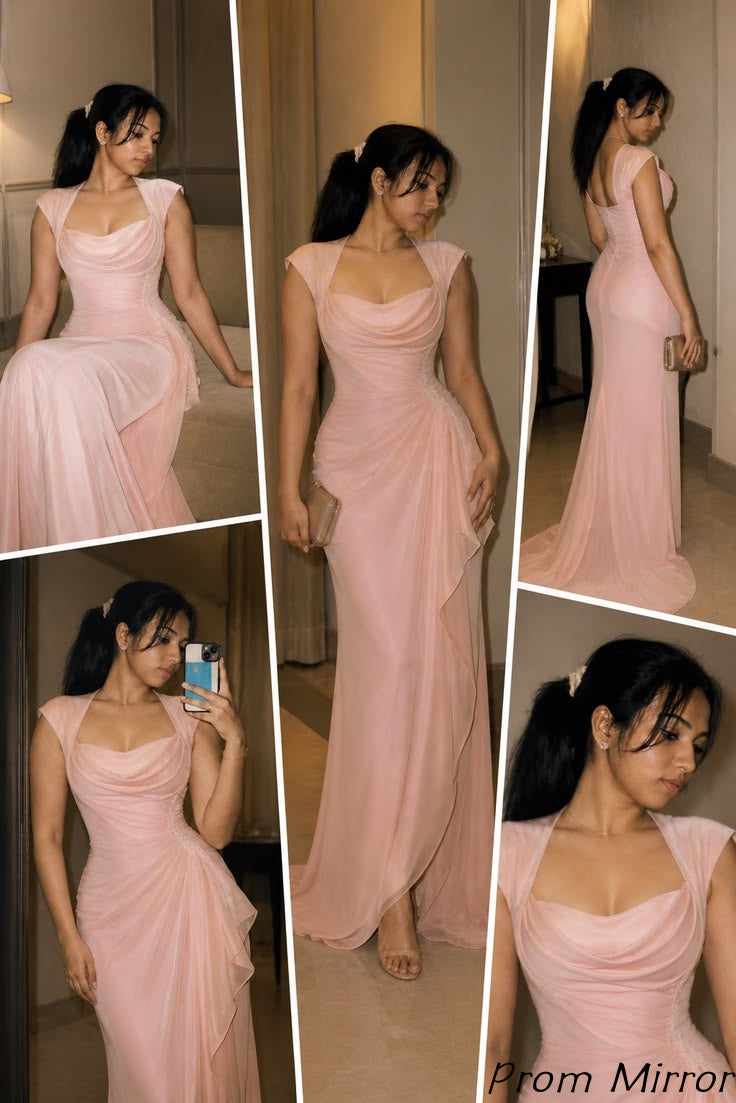 Elegant Pink Draped Chiffon Prom Dresses Heart Shaped Neckline Maxi Dress